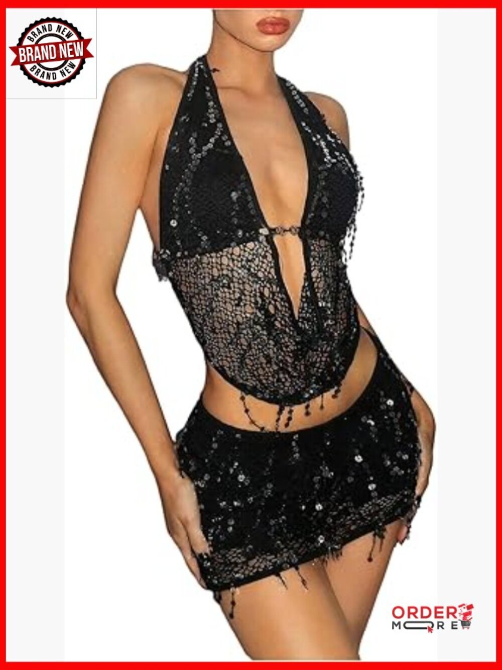 2 Piece Sequin Halter Crop Top and Mini Skirt Set Party Club Night Out